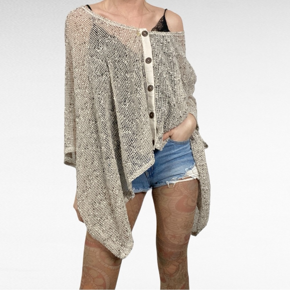 Kattie Todd | Taupe Cream Coconut Button Lace Knit Relaxed Coastal Beach Coverup